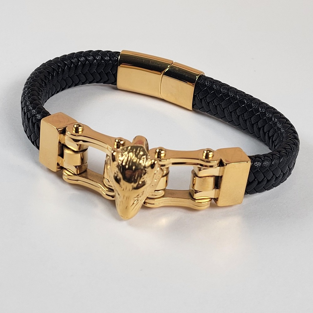 Wolf Head Black Leather Cuff Bracelet Mens Charles & Co Gold Tone 7.25" Jewelry